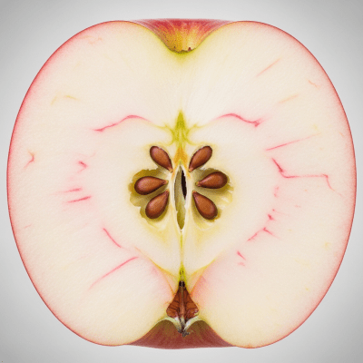 A close-up image showing a cross-section of a Pink Lady of the taxonomy apples, sliced cleanly in half to reveal internal structure, seeds, and flesh
