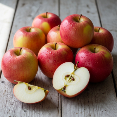 A simple arrangement showing several whole and one cut-open Pink Lady, displayed on a wooden surface