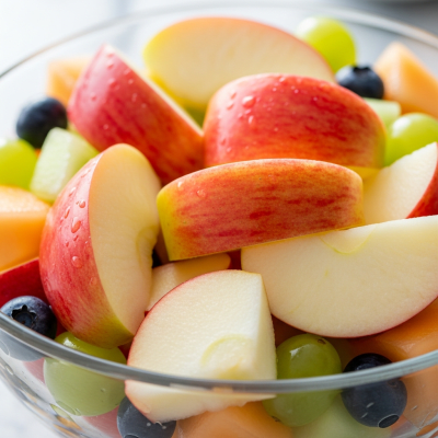 A photograph of a freshly sliced Pink Lady of the taxonomy apples, presented as part of a fruit salad in a clear bowl