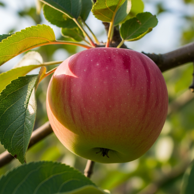 A naturalistic photograph of a Pink Lady, hanging on its tree branch with leaves visible