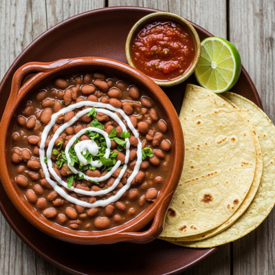 Image of cooked Pinto Bean (beans) presented as part of a traditional dish or cuisine, plated attractively and photographed from above