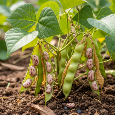 An image of Pinto Bean, belonging to the taxonomy beans, displayed in its natural environment—such as growing on a plant or vine, surrounded by leaves and soil