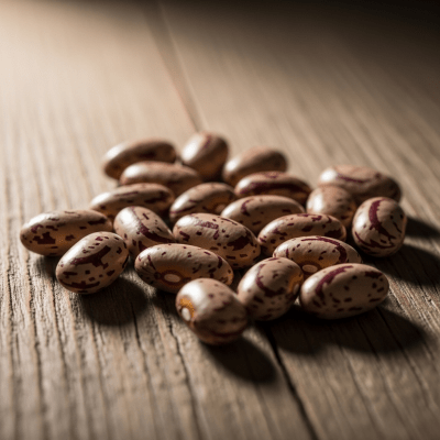 A handful of uncooked Pinto Bean beans (beans) scattered on a rustic wooden surface, photographed in natural light to emphasize their variety and color