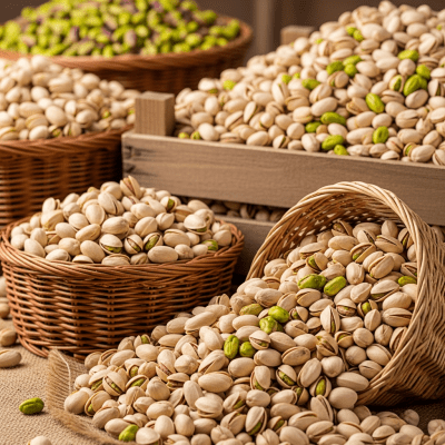 Photo showing harvested Pistachio (nuts) nuts in bulk, such as in baskets or containers