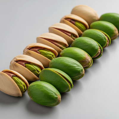 Image of a handful of unshelled and shelled Pistachio (nuts), side by side