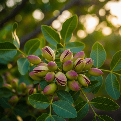 Photograph of a Pistachio (nuts) in its natural environment, such as on the tree, bush, or ground where it grows