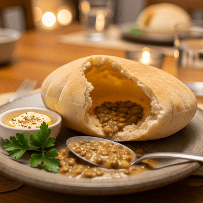 Photograph of Pita, shown being served or eaten as part of a meal