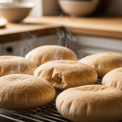 Photograph of freshly baked Pita, cooling on a wire rack
