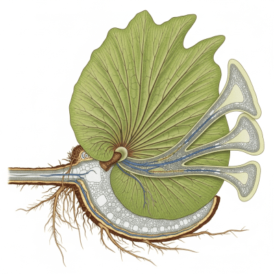 Cross-sectional illustration or photograph of a Platycerium bifurcatum, showing internal structure such as rhizome, roots, and vascular bundles