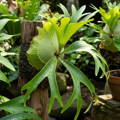 Image depicting a Platycerium bifurcatum as traditionally used by humans, such as in ornamental garden settings, floral arrangements, or as part of indigenous cultural practices