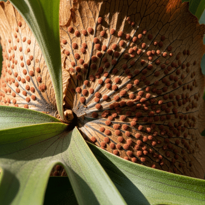 Photograph of a mature Platycerium bifurcatum, with visible sporangia or sori on the underside of its fronds, highlighting its reproductive structures