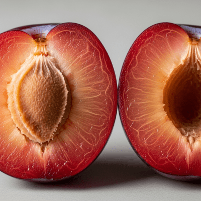 A close-up image showing a cross-section of the Plum, belonging to the fruits taxonomy