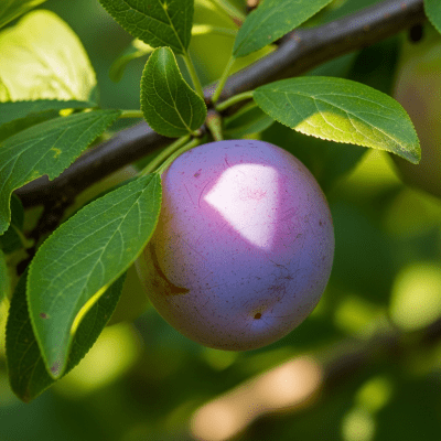 A photograph of a fresh Plum from the fruits taxonomy as it appears in its natural growing environment, such as on a tree, bush, or vine