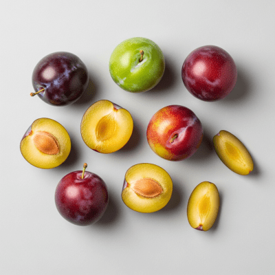 An overhead view photograph of several pieces of the Plum, from the fruits taxonomy, arranged aesthetically on a plain background