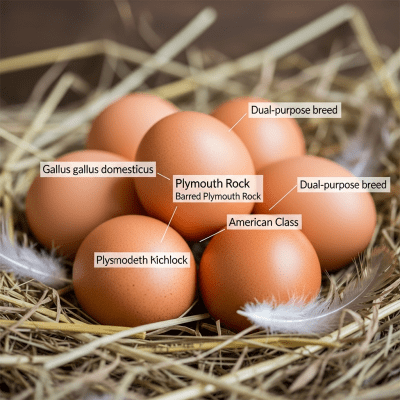 Image depicting eggs laid by a Plymouth Rock, contextualized within the chicken taxonomy