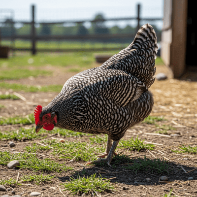 Naturalistic image of a Plymouth Rock belonging to the chicken taxonomy in its typical outdoor environment