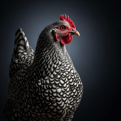 Editorial-style portrait of a Plymouth Rock from the chicken taxonomy.