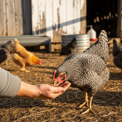 Photograph of a Plymouth Rock from the chicken taxonomy interacting with humans in a typical farm setting