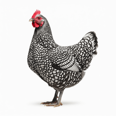 High quality studio photograph of a single Plymouth Rock from the chicken taxonomy
