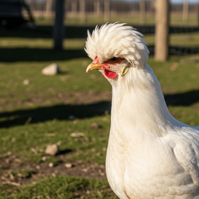 Naturalistic image of a Polish belonging to the chicken taxonomy in its typical outdoor environment