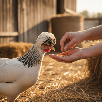 Photograph of a Polish from the chicken taxonomy interacting with humans in a typical farm setting