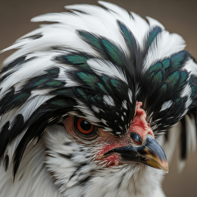 Close-up macro photograph highlighting the feather texture and coloration of a Polish from the chicken taxonomy