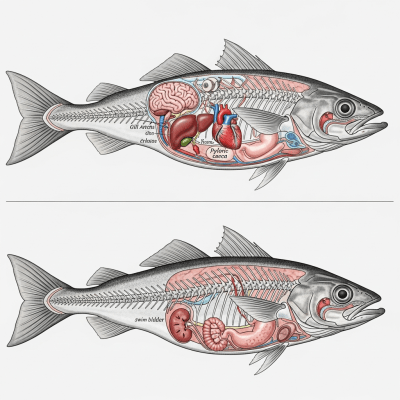 Detailed anatomical illustration of a Pollock, part of the taxonomy fish