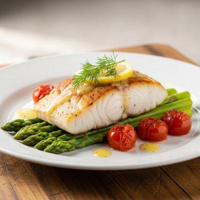 A culinary presentation featuring a prepared dish made with Pollock, of the taxonomy fish