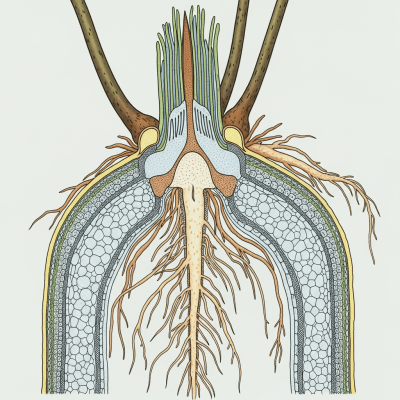 Cross-sectional illustration or photograph of a Polypodiaceae (family), showing internal structure such as rhizome, roots, and vascular bundles