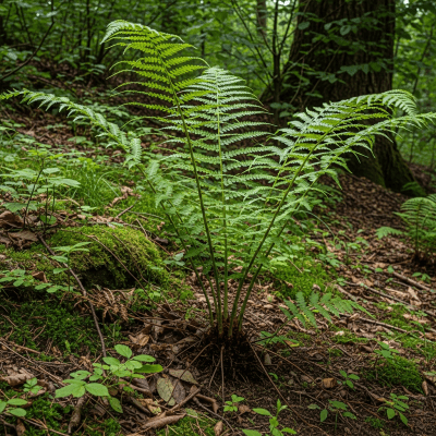 Photograph of a Polypodiaceae (family), of the taxonomy ferns, shown growing in its natural environment, such as a forest understory or shaded woodland