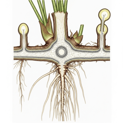 Cross-sectional illustration or photograph of a Polypodium vulgare, showing internal structure such as rhizome, roots, and vascular bundles