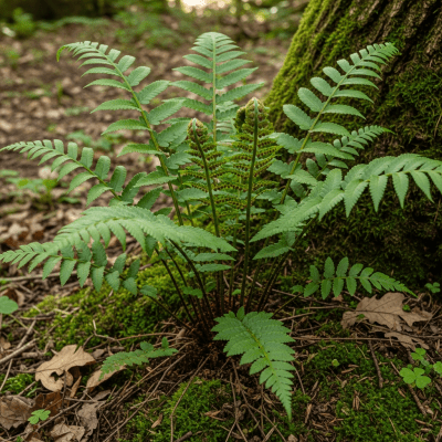 Photograph of a Polypodium vulgare, of the taxonomy ferns, shown growing in its natural environment, such as a forest understory or shaded woodland