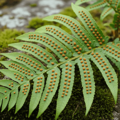 Photograph of a mature Polypodium vulgare, with visible sporangia or sori on the underside of its fronds, highlighting its reproductive structures