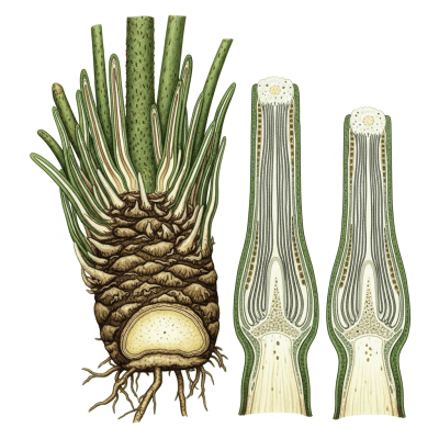 Cross-sectional illustration or photograph of a Polystichum munitum, showing internal structure such as rhizome, roots, and vascular bundles