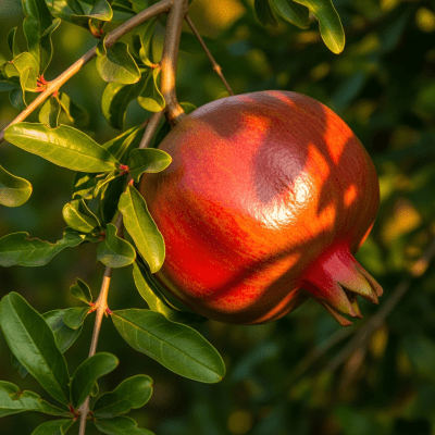 A photograph of a fresh Pomegranate from the fruits taxonomy as it appears in its natural growing environment, such as on a tree, bush, or vine