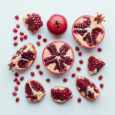 An overhead view photograph of several pieces of the Pomegranate, from the fruits taxonomy, arranged aesthetically on a plain background