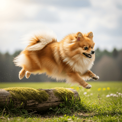 Full body action shot of a Pomeranian