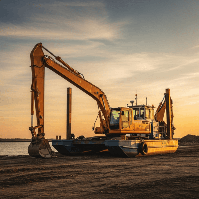 Editorial-style hero shot of a Pontoon-mounted backhoe dredger (excavator on barge) (excavators), dramatically lit at sunset on an open site.