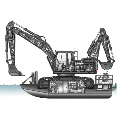 Detailed cross-sectional illustration of a Pontoon-mounted backhoe dredger (excavator on barge) from the excavators taxonomy