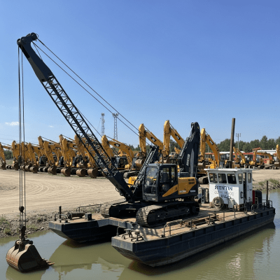 A wide-angle image of a fleet of various excavators, with the specific Pontoon-mounted backhoe dredger (excavator on barge) in the foreground for emphasis