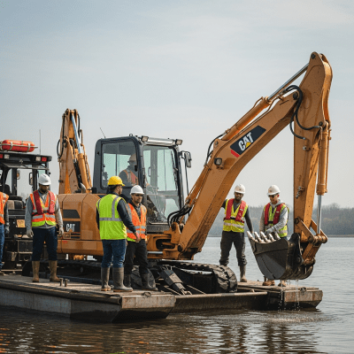 Image of a diverse group of construction workers operating or interacting with a Pontoon-mounted backhoe dredger (excavator on barge) from the excavators taxonomy