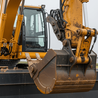 A close-up photograph focusing on the bucket and arm of a Pontoon-mounted backhoe dredger (excavator on barge) (excavators), showing details such as hydraulic lines, metal textures, and wear marks