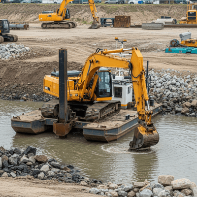 A realistic image of a Pontoon-mounted backhoe dredger (excavator on barge) (excavators) at work on a construction site, surrounded by soil, rocks, and machinery