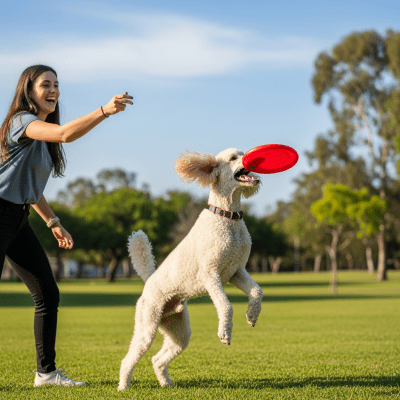Image of a Poodle interacting with humans in a typical cultural or domestic setting