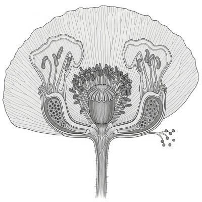 Cross-sectional illustration of a Poppy (flowers), showing internal parts such as stem, petals, and reproductive organs