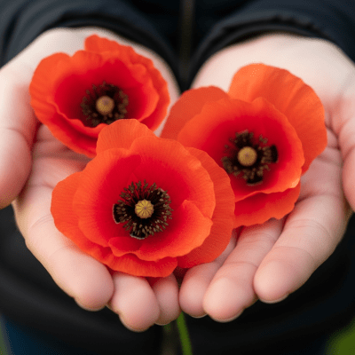 Photograph of a Poppy (flowers) being held or interacted with by a person in a gentle way