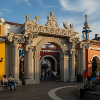 Photograph depicting Postmodernism, an example of architecture, in active use or cultural context—such as being inhabited, visited, or used for its intended purpose—while keeping focus on the structure itself