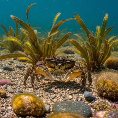 Photo-realistic underwater image of a live Potamon Crab, in the context of the taxonomy crabs