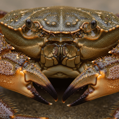 Close-up macro photograph of the shell texture and claws of a single Potamon Crab