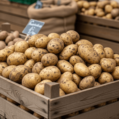 Image showing freshly harvested Potato, displayed in a farmer's market basket or crate